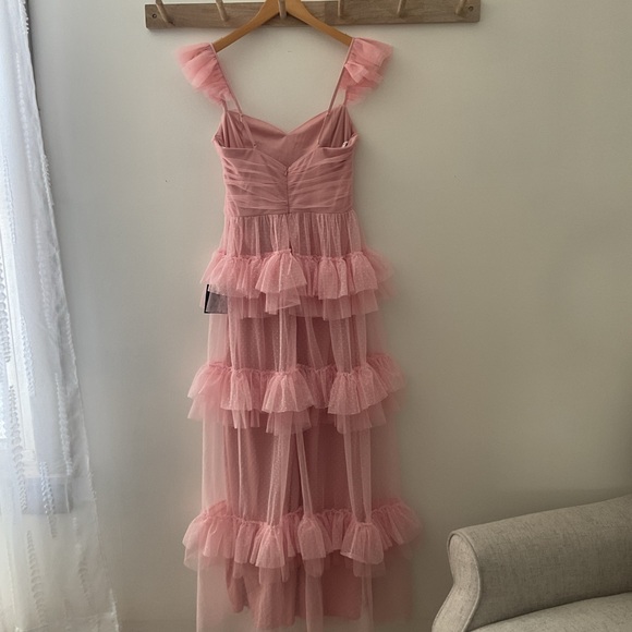 Lulus Pure Radiance Pink Mesh Swiss Dot Tiered Ruffle Straps Maxi Dress NWT S - Picture 8 of 15